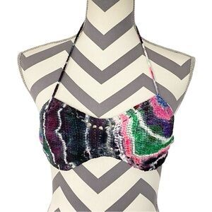Handmade Crochet Knit Bralette Womens Size Small Adjustable Gray Pink Halter